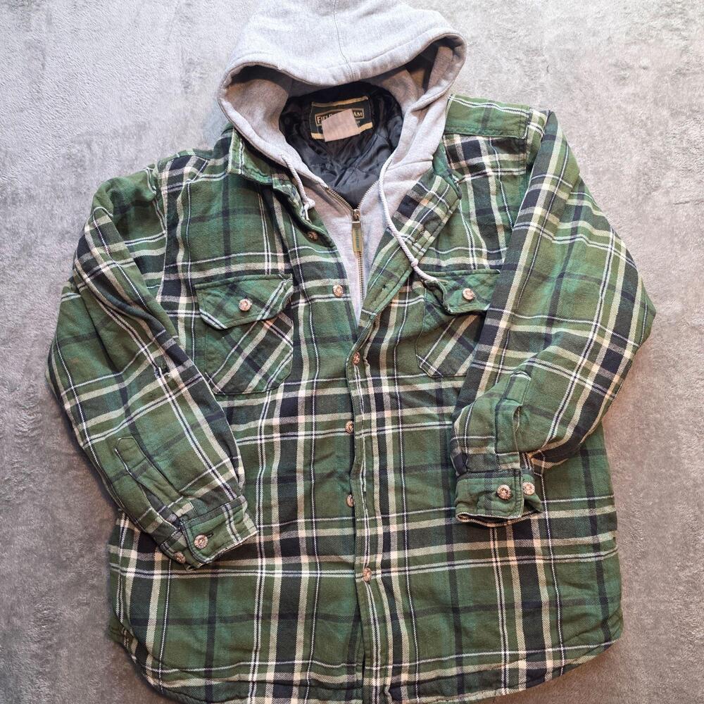 Field & Stream Quilted Jacket Mens XL Green Plaid Flannel Hooded Workwear Lined